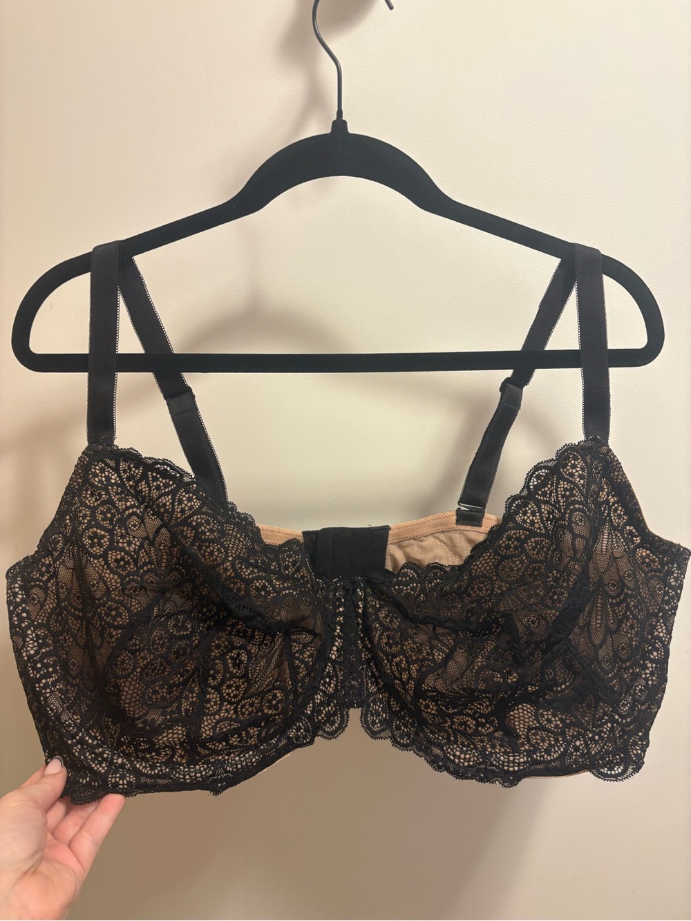 Torrid Black Lace Unlined Underwire Bra with Nude Lining Size 44F